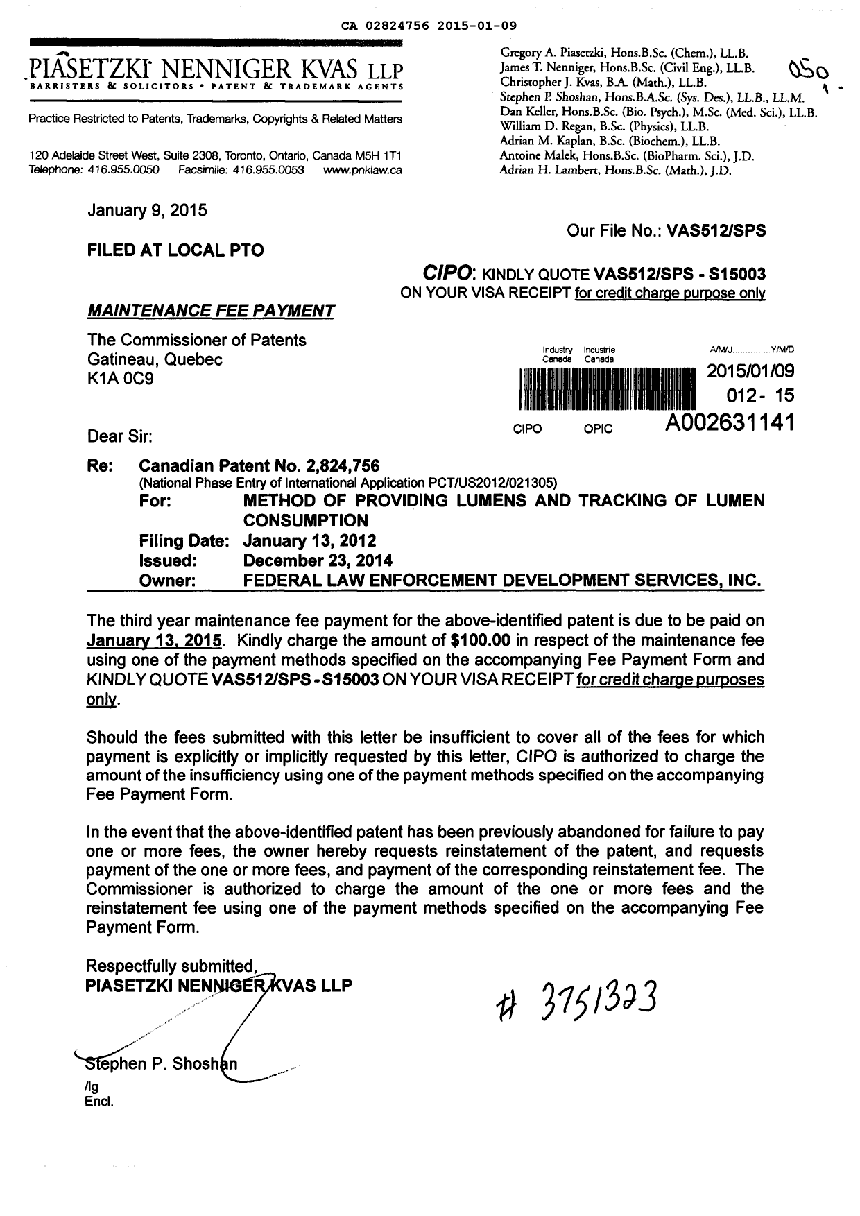 Document de brevet canadien 2824756. Taxes 20150109. Image 1 de 1