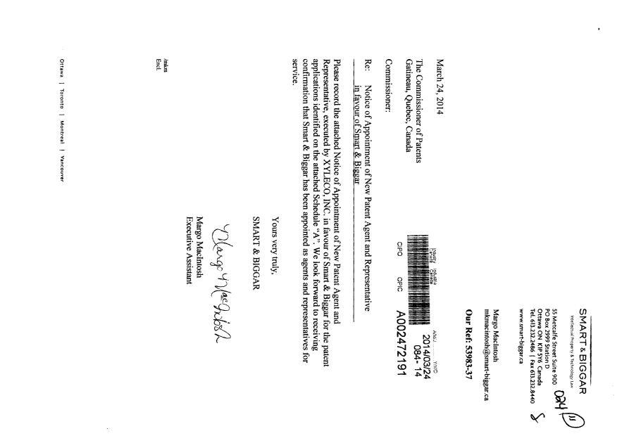 Document de brevet canadien 2824778. Correspondance 20140324. Image 1 de 3