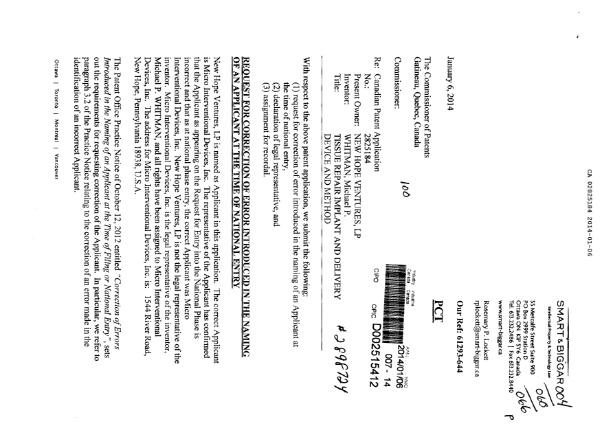 Document de brevet canadien 2825184. Cession 20140106. Image 1 de 6