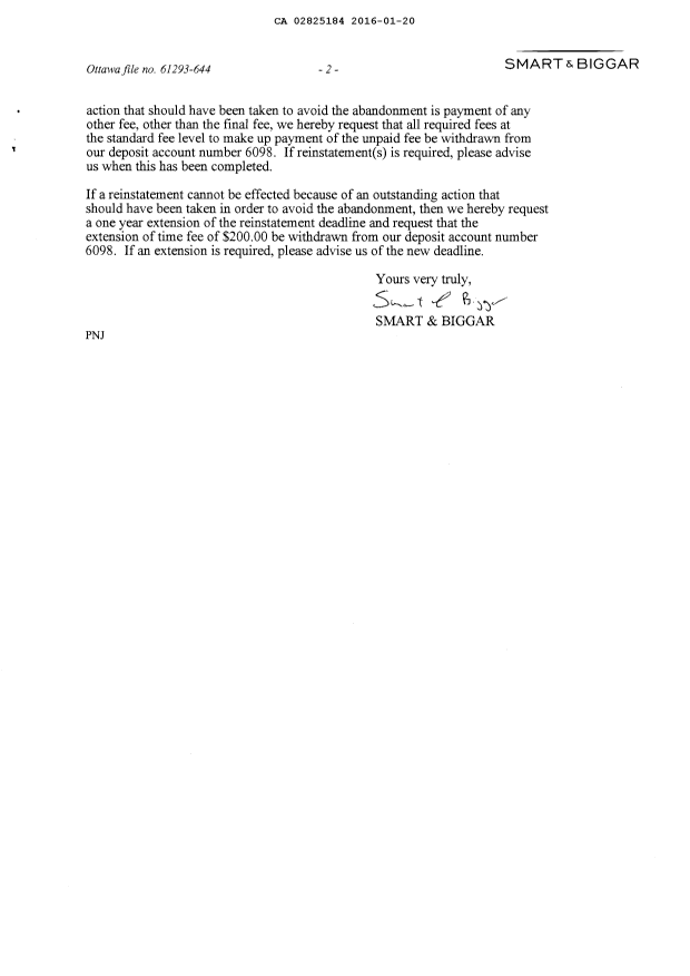 Document de brevet canadien 2825184. Requête d'examen 20160120. Image 2 de 2
