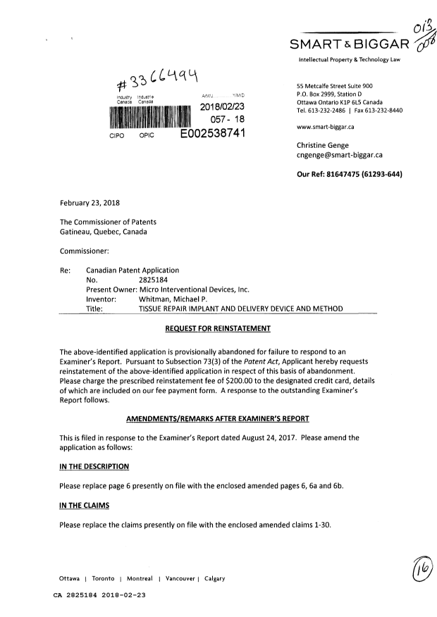 Canadian Patent Document 2825184. Amendment 20180223. Image 1 of 16