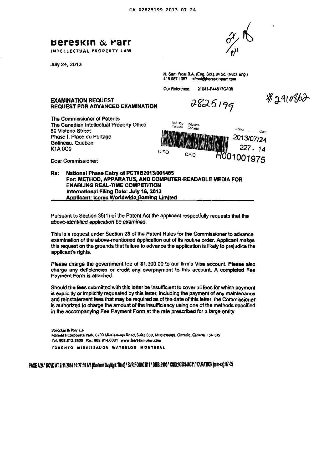 Document de brevet canadien 2825199. Poursuite-Amendment 20130724. Image 1 de 2