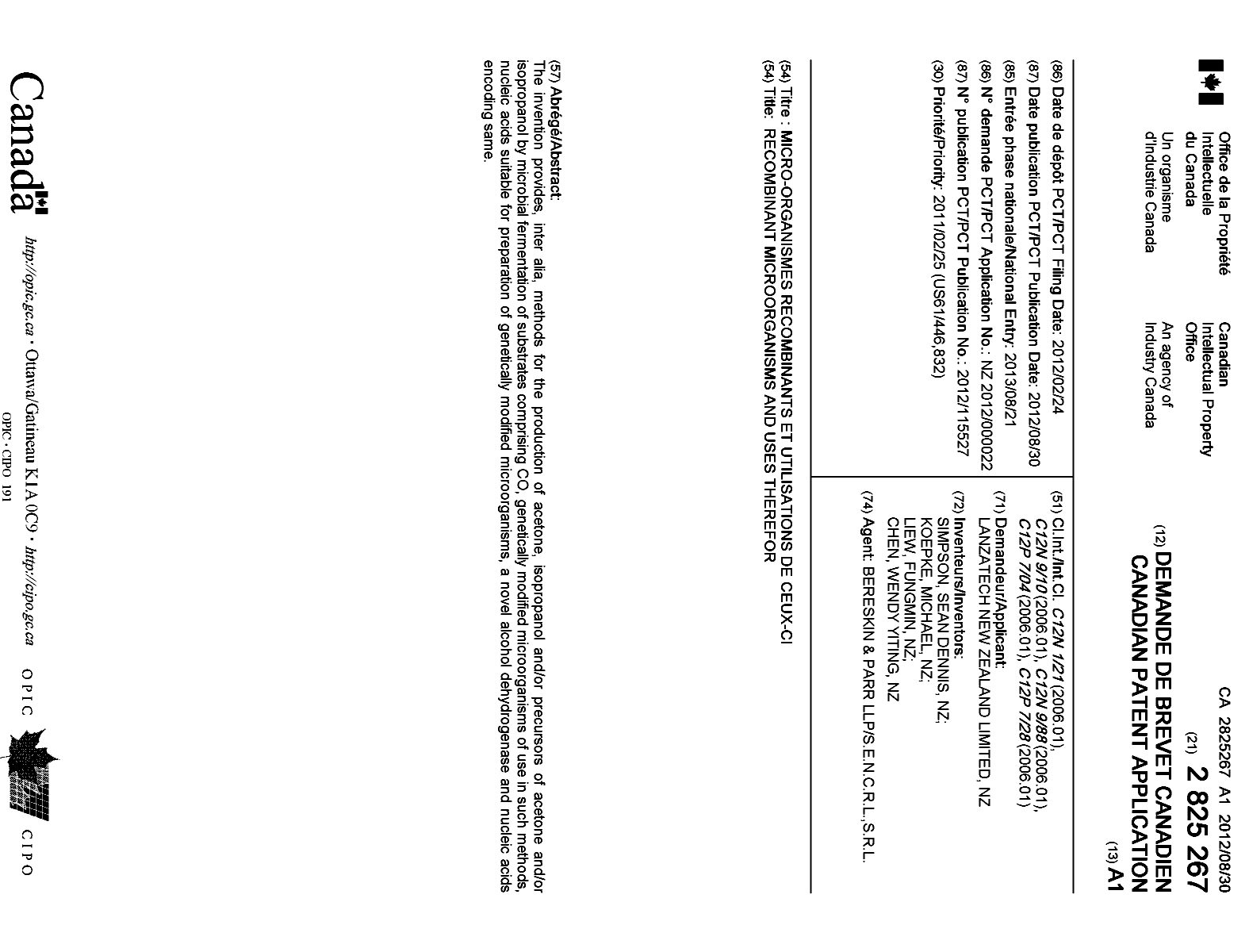 Canadian Patent Document 2825267. Cover Page 20130910. Image 1 of 1