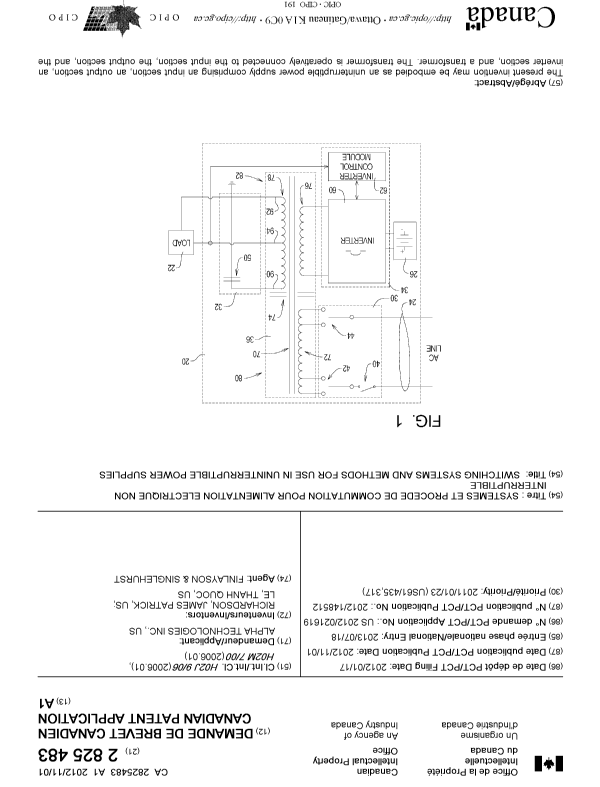 Canadian Patent Document 2825483. Cover Page 20131008. Image 1 of 2