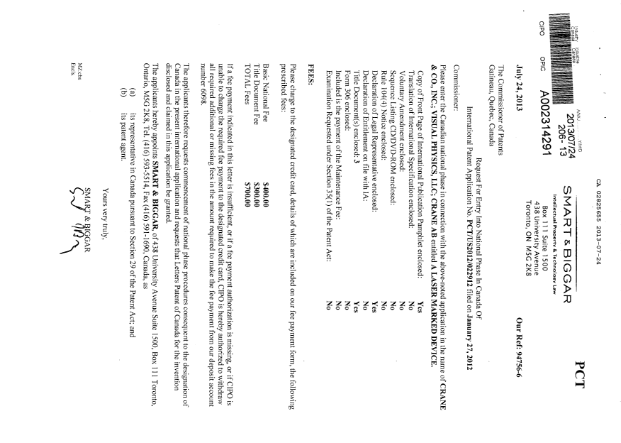 Document de brevet canadien 2825655. Cession 20130724. Image 1 de 17