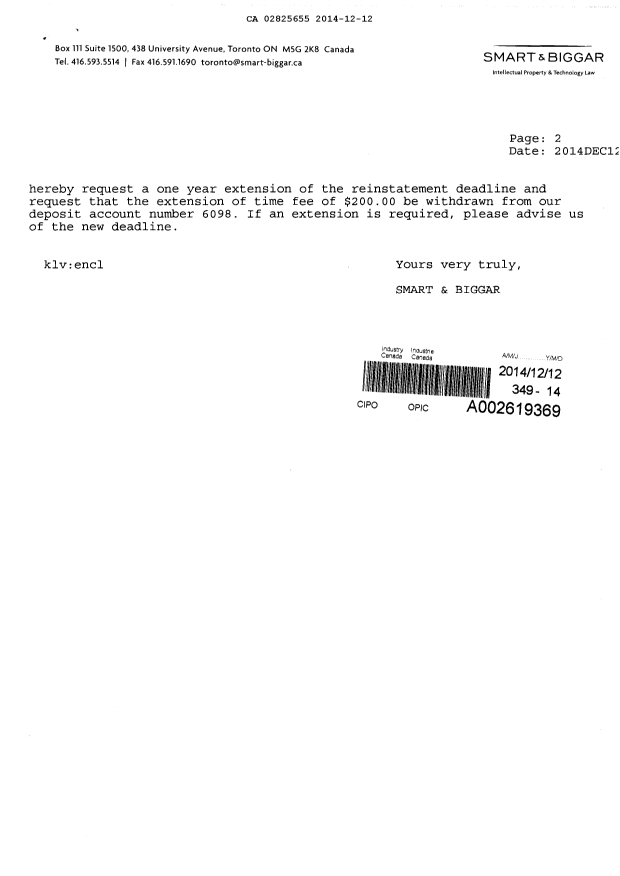 Document de brevet canadien 2825655. Taxes 20141212. Image 2 de 2