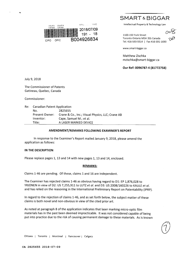Canadian Patent Document 2825655. Amendment 20180709. Image 1 of 7