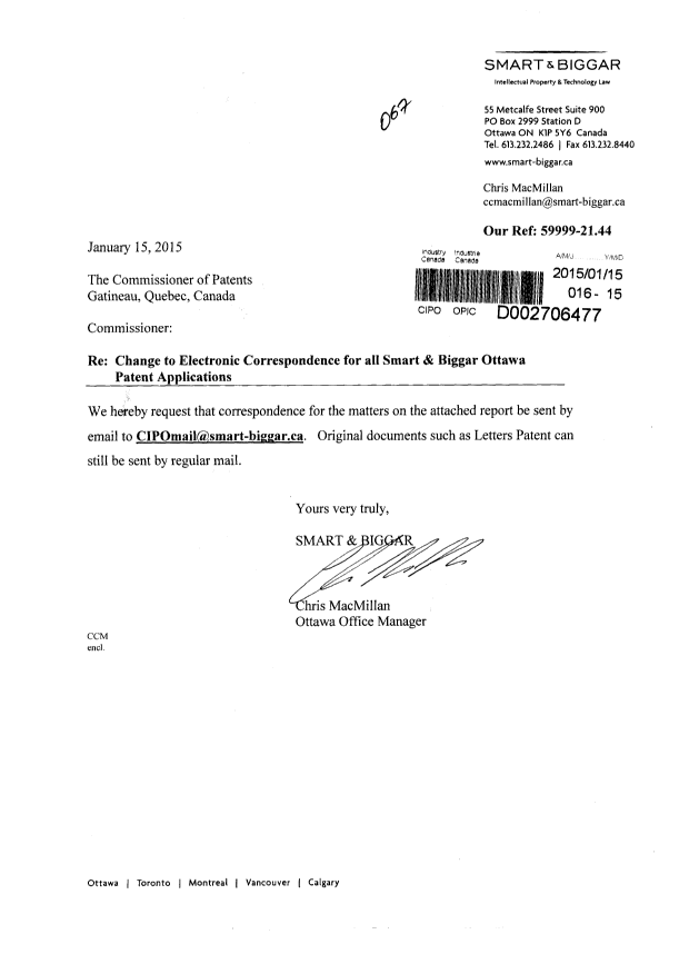 Document de brevet canadien 2826118. Correspondance 20150115. Image 1 de 2