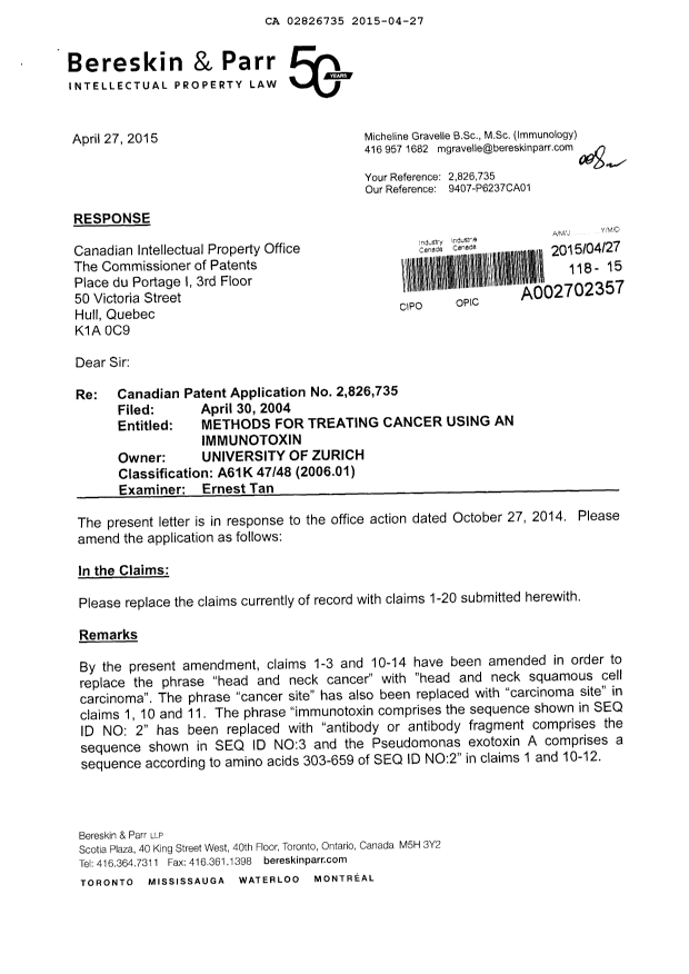 Canadian Patent Document 2826735. Prosecution-Amendment 20150427. Image 1 of 5