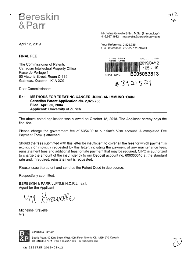 Canadian Patent Document 2826735. Final Fee 20190412. Image 1 of 1