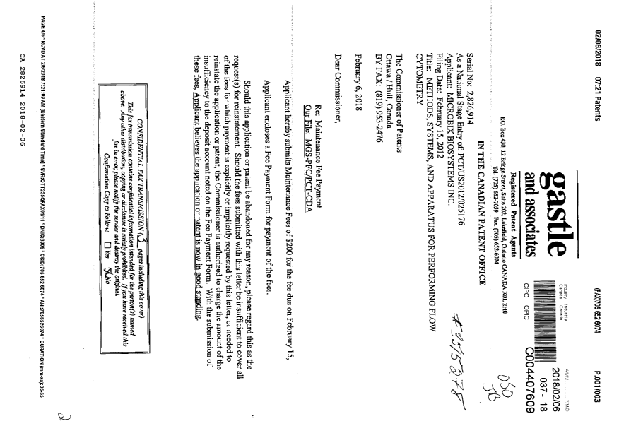 Document de brevet canadien 2826914. Paiement de taxe périodique 20180206. Image 1 de 2