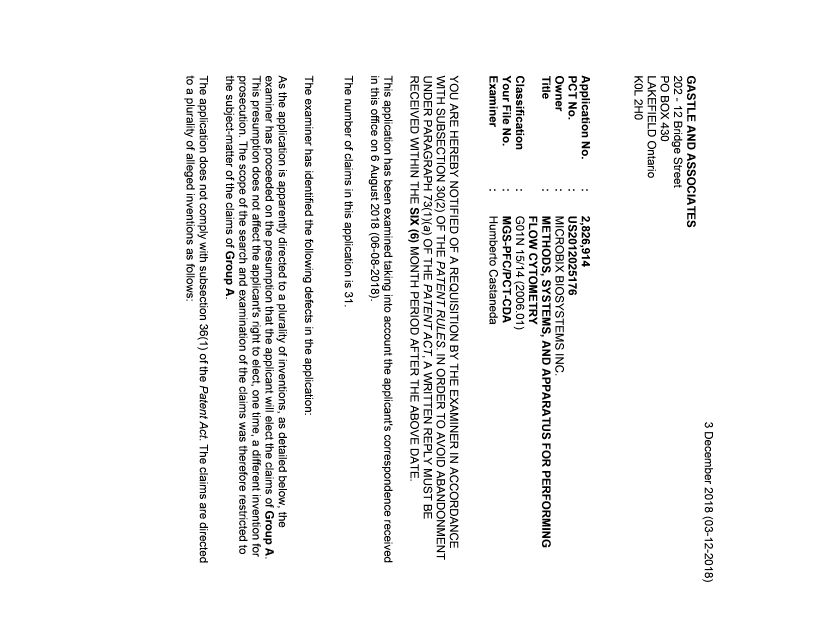 Document de brevet canadien 2826914. Demande d'examen 20181203. Image 1 de 4