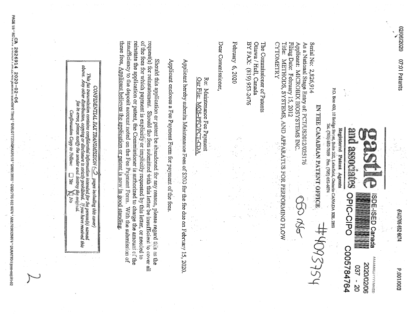 Canadian Patent Document 2826914. Maintenance Fee Payment 20200206. Image 1 of 2