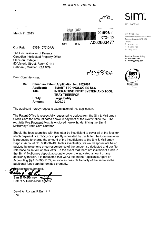 Canadian Patent Document 2827097. Prosecution-Amendment 20150311. Image 1 of 1