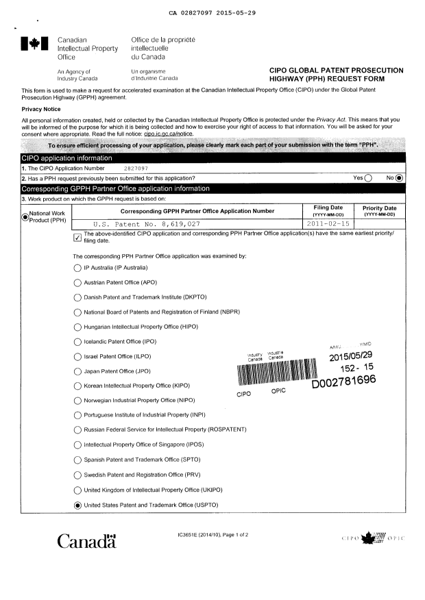 Document de brevet canadien 2827097. Poursuite-Amendment 20150529. Image 2 de 17