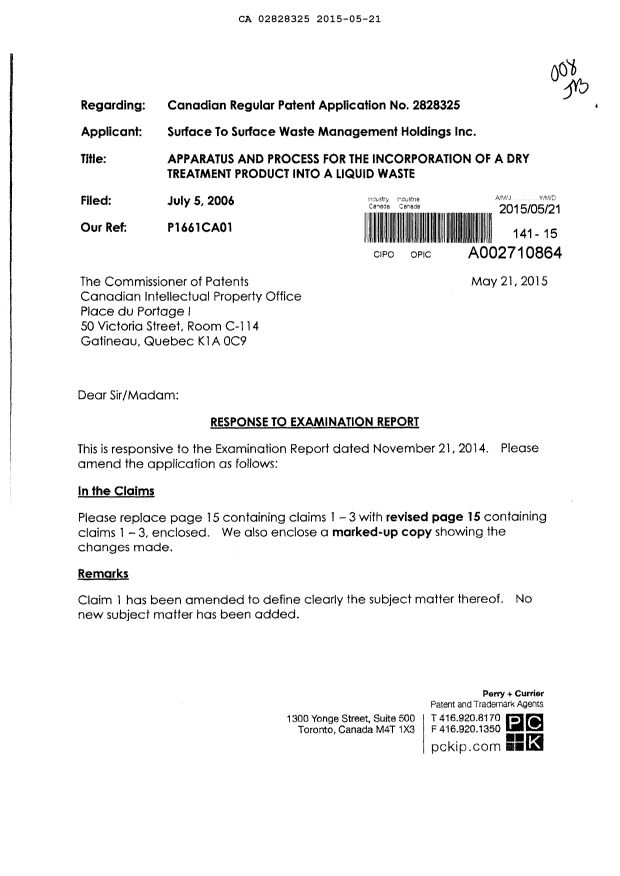 Canadian Patent Document 2828325. Prosecution-Amendment 20141221. Image 1 of 7