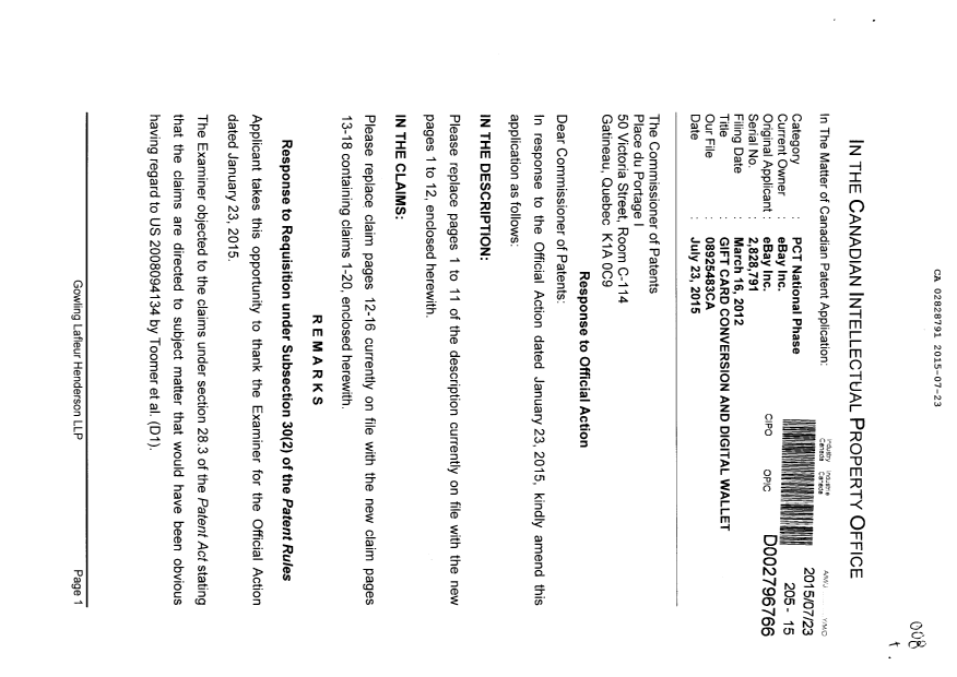 Document de brevet canadien 2828791. Modification 20150723. Image 1 de 21
