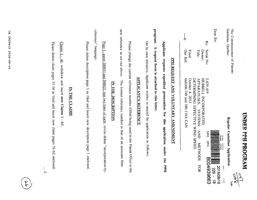 Document de brevet canadien 2829419. Requête ATDB (PPH) 20180816. Image 1 de 17