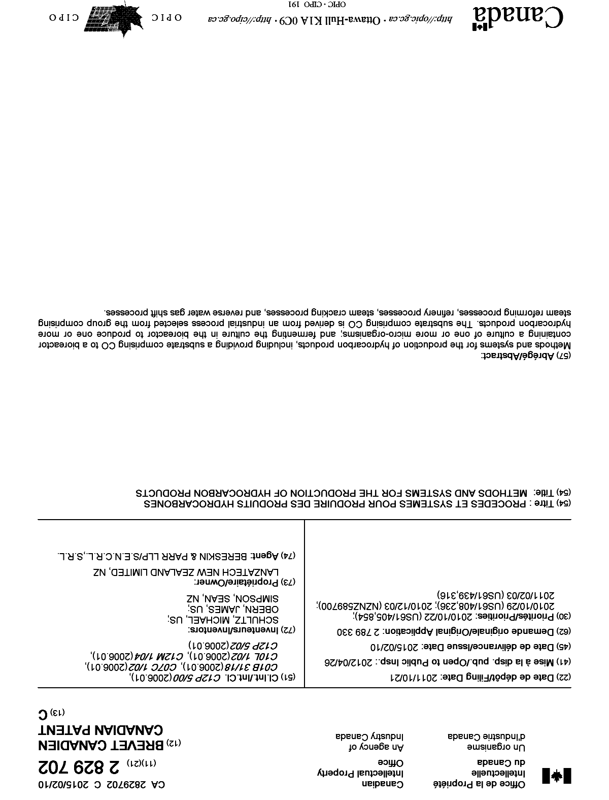 Canadian Patent Document 2829702. Cover Page 20141228. Image 1 of 1
