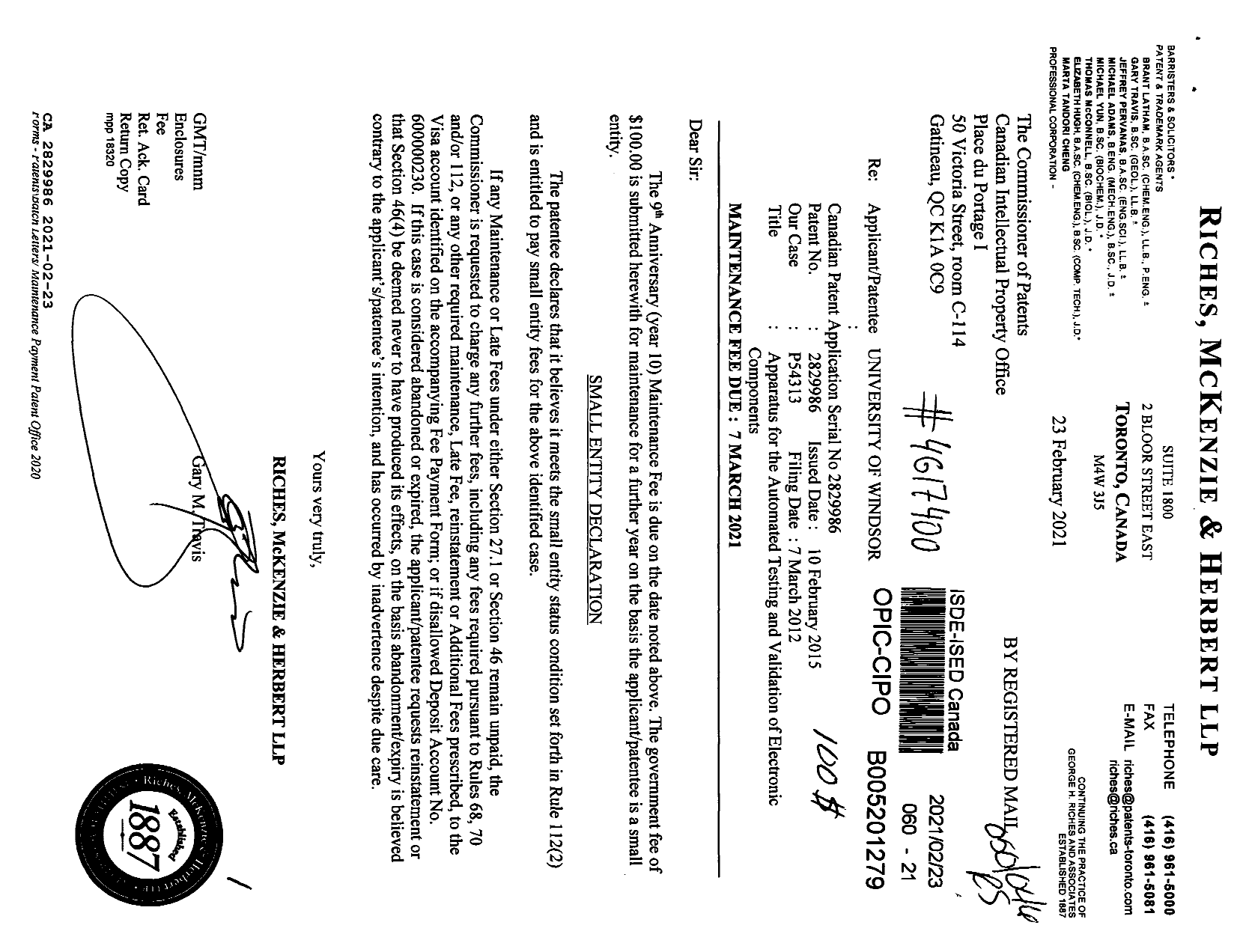 Canadian Patent Document 2829986. Maintenance Fee Payment 20210223. Image 1 of 1