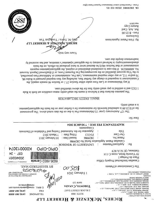 Canadian Patent Document 2829986. Maintenance Fee Payment 20240201. Image 1 of 1