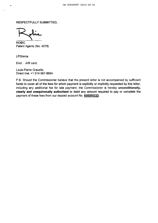 Document de brevet canadien 2830097. Correspondance 20131031. Image 2 de 2