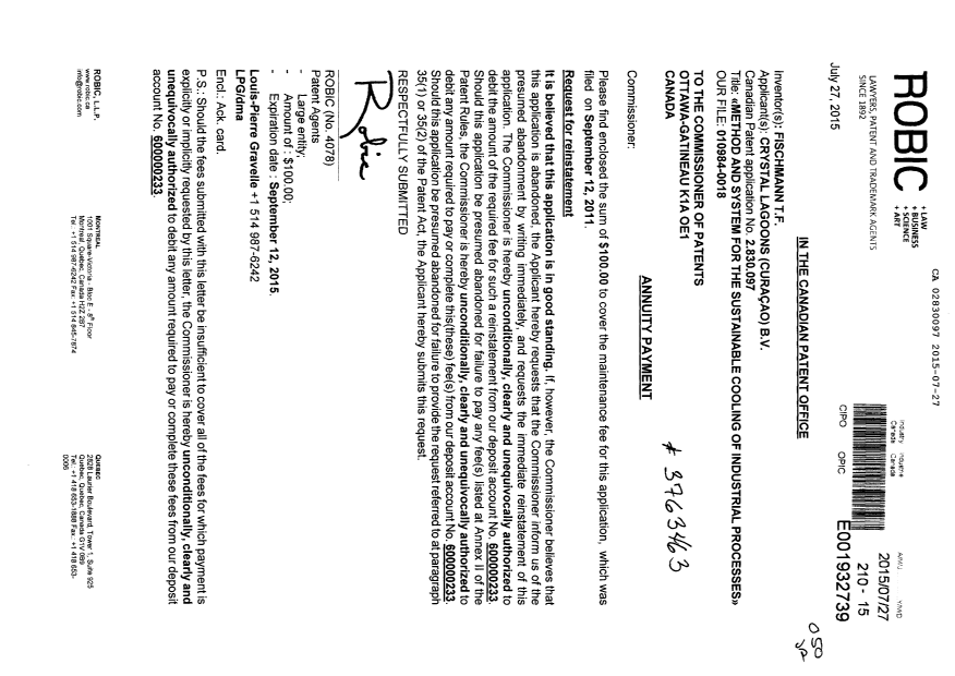 Document de brevet canadien 2830097. Paiement de taxe périodique 20150727. Image 1 de 1