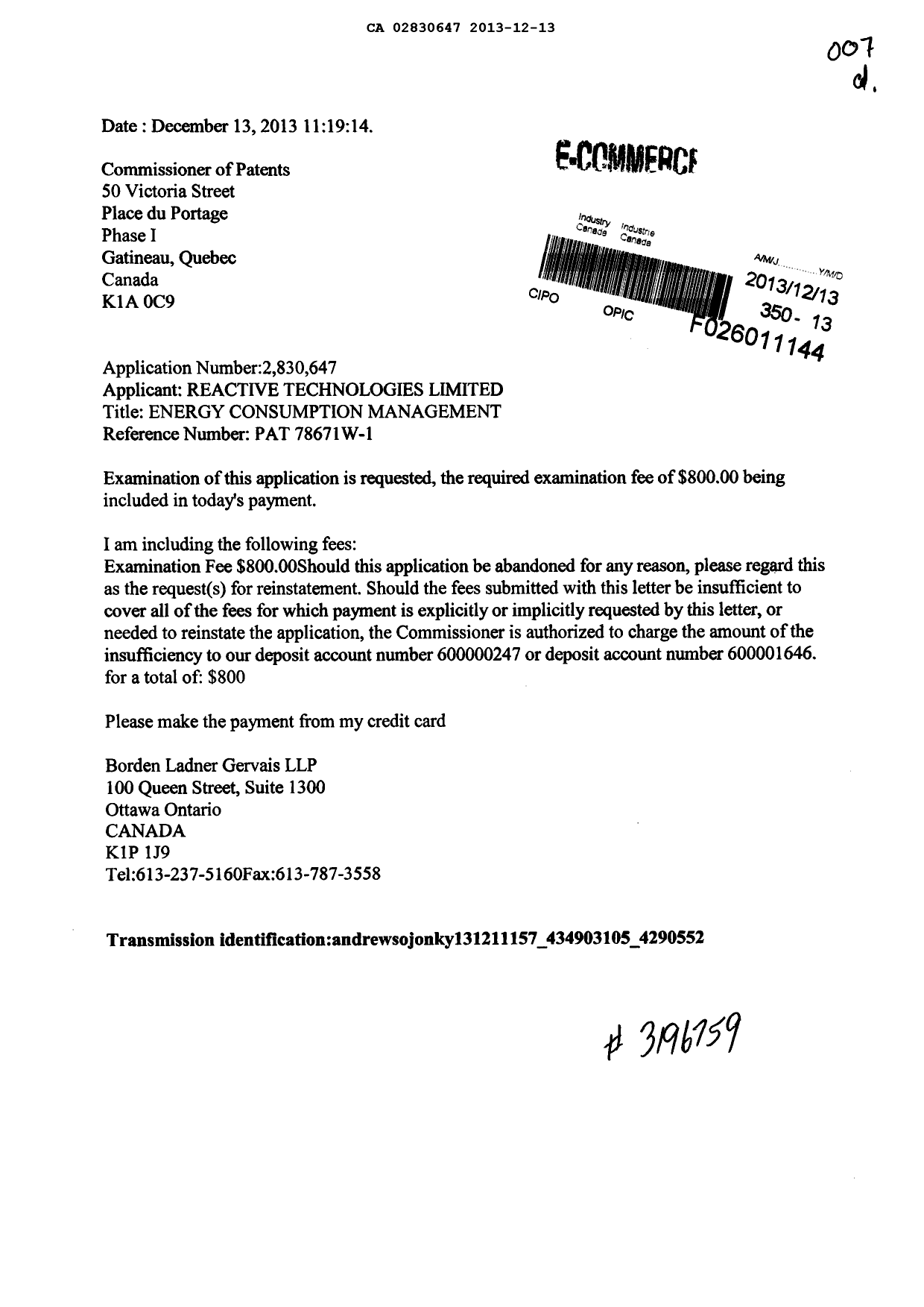 Canadian Patent Document 2830647. Prosecution-Amendment 20121213. Image 1 of 1