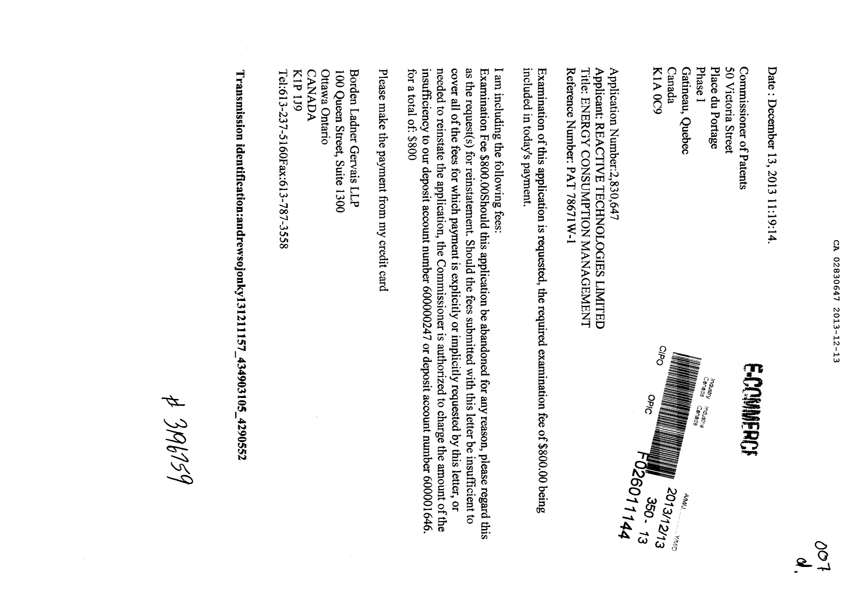 Document de brevet canadien 2830647. Poursuite-Amendment 20121213. Image 1 de 1