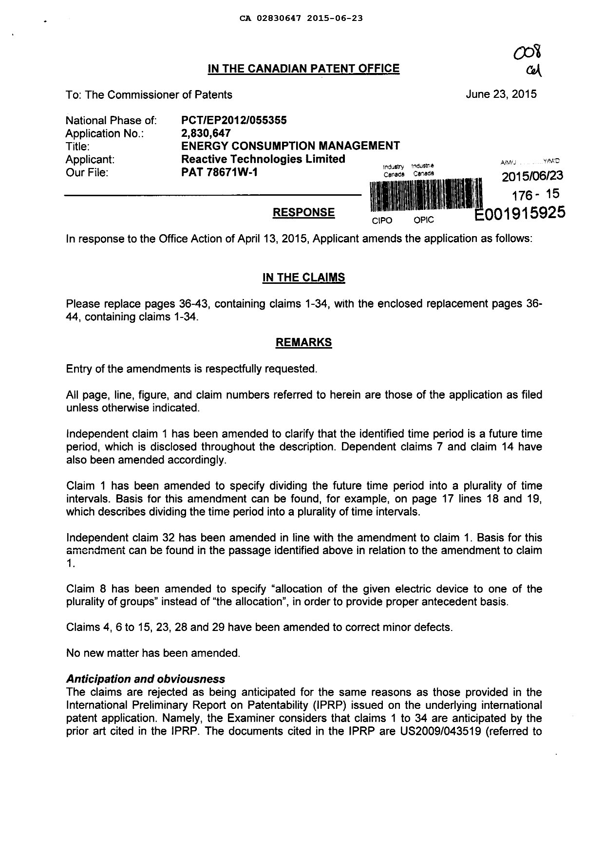 Canadian Patent Document 2830647. Prosecution-Amendment 20141223. Image 1 of 24