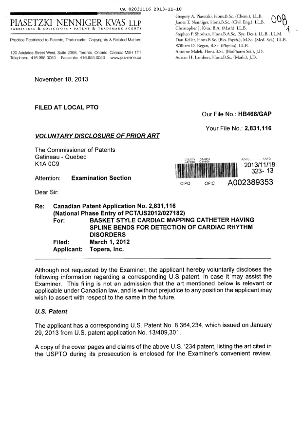 Document de brevet canadien 2831116. Poursuite-Amendment 20131118. Image 1 de 2