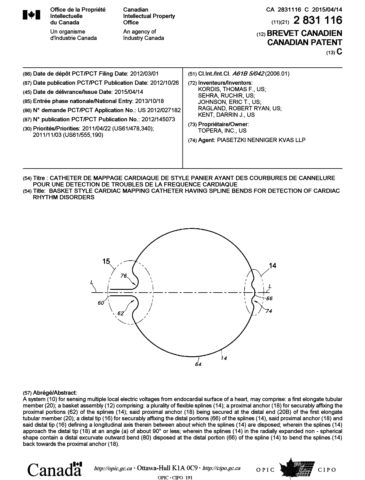 Document de brevet canadien 2831116. Page couverture 20150316. Image 1 de 1