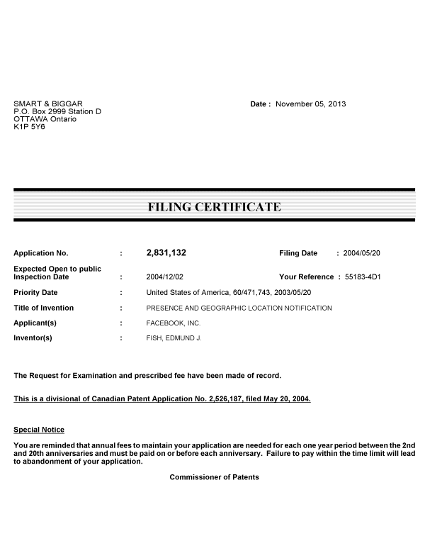 Document de brevet canadien 2831132. Correspondance 20131105. Image 1 de 1