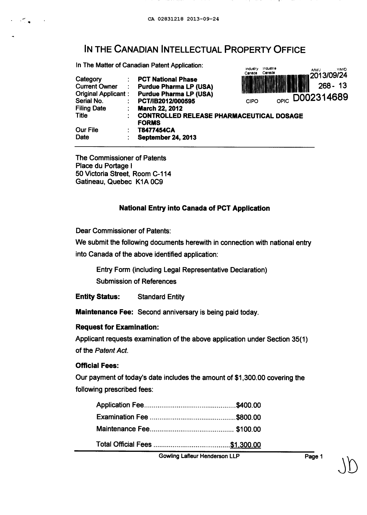 Document de brevet canadien 2831218. Cession 20121224. Image 1 de 4
