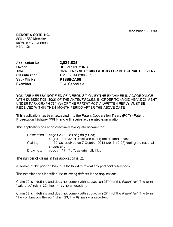 Document de brevet canadien 2831535. Poursuite-Amendment 20131218. Image 1 de 3