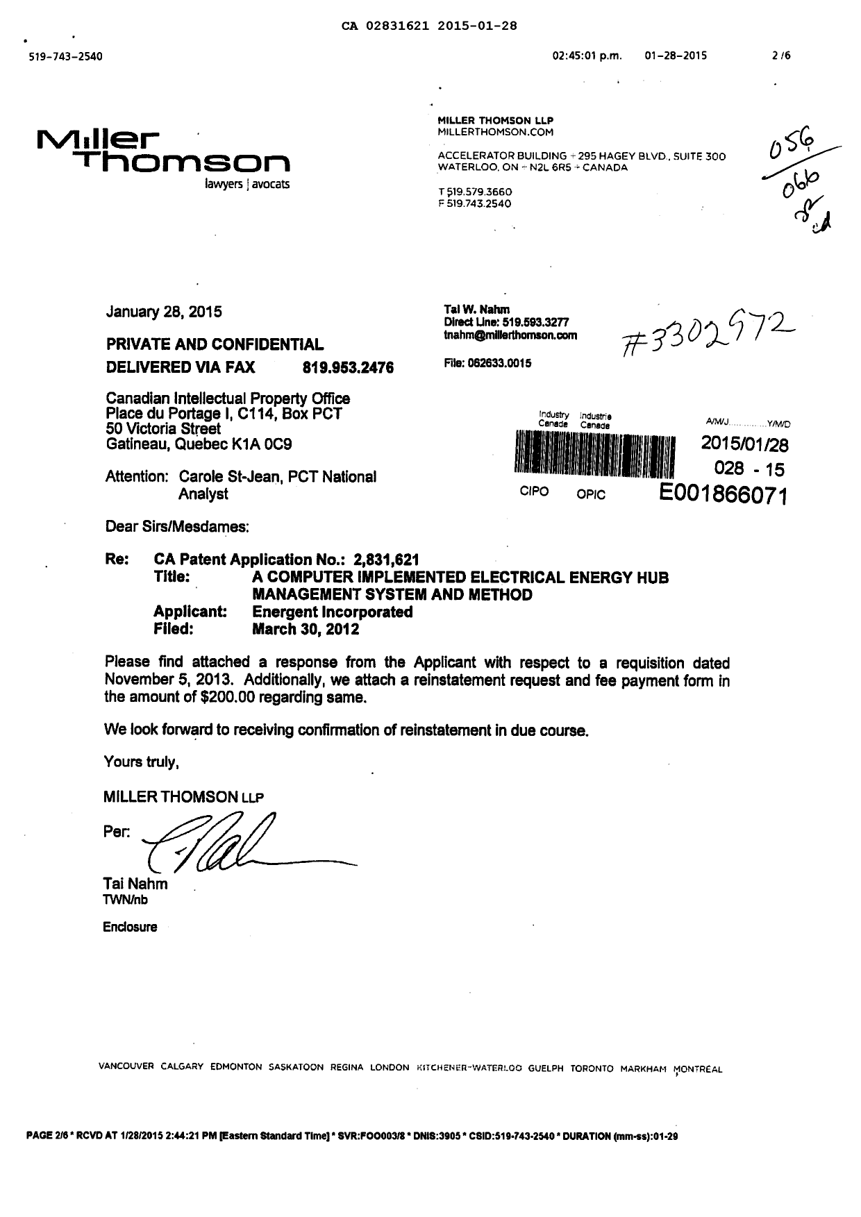 Canadian Patent Document 2831621. Correspondence 20141228. Image 1 of 5
