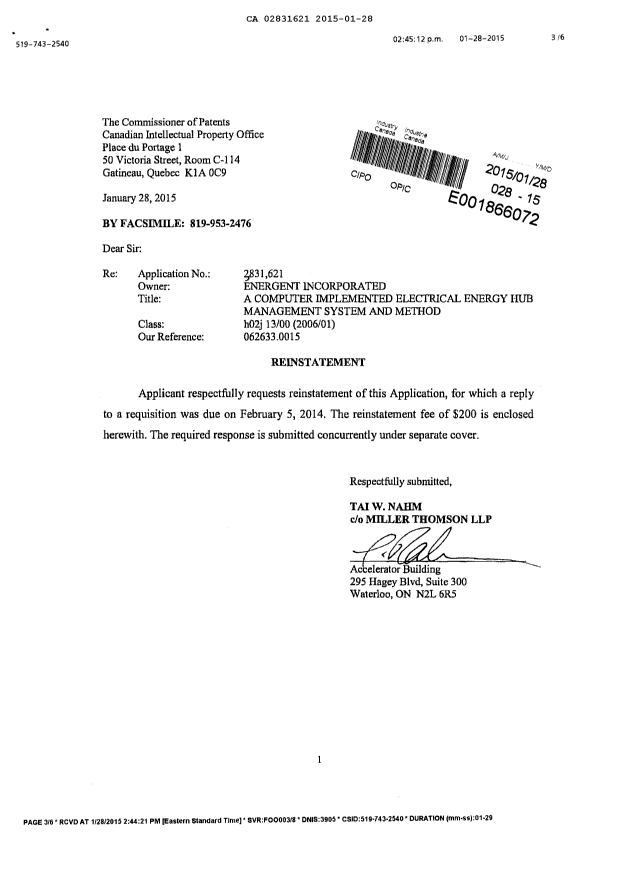Canadian Patent Document 2831621. Correspondence 20141228. Image 2 of 5