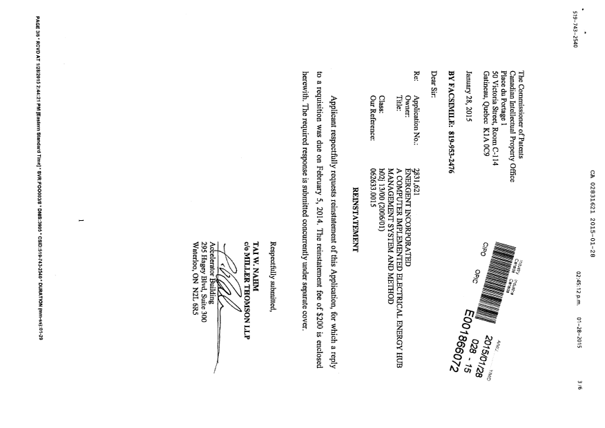 Document de brevet canadien 2831621. Correspondance 20141228. Image 2 de 5