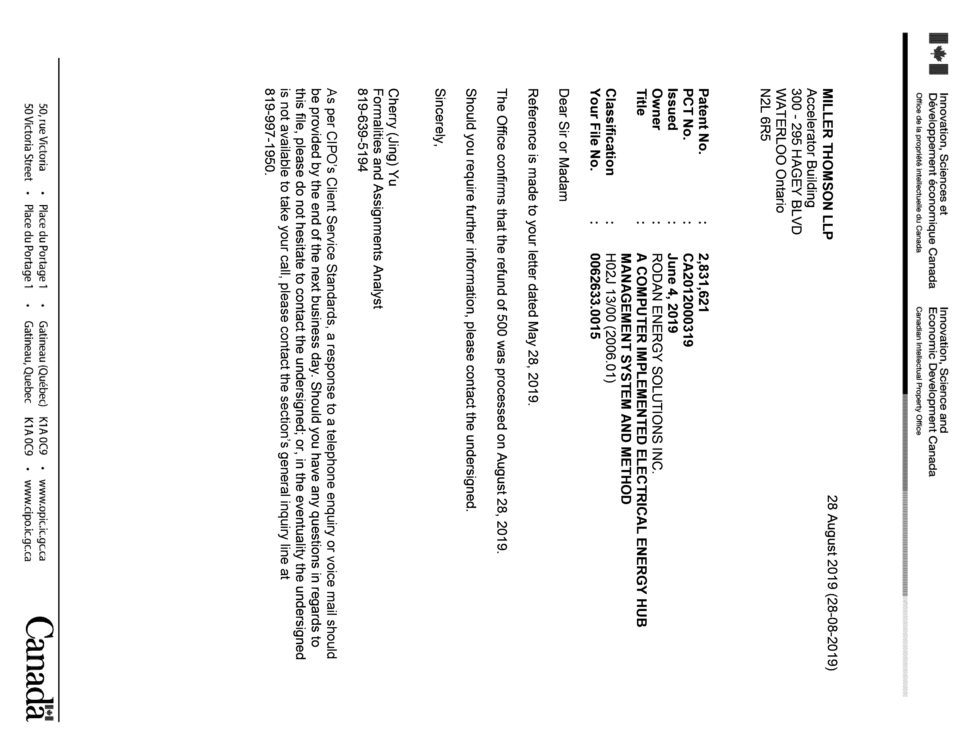 Canadian Patent Document 2831621. Correspondence 20181228. Image 1 of 1