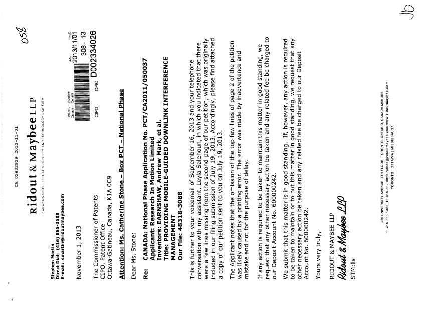 Canadian Patent Document 2832929. Correspondence 20131101. Image 1 of 1
