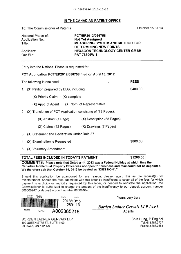 Canadian Patent Document 2833186. Assignment 20131015. Image 1 of 4