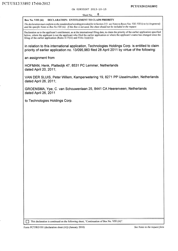 Document de brevet canadien 2833267. Cession 20131015. Image 6 de 6