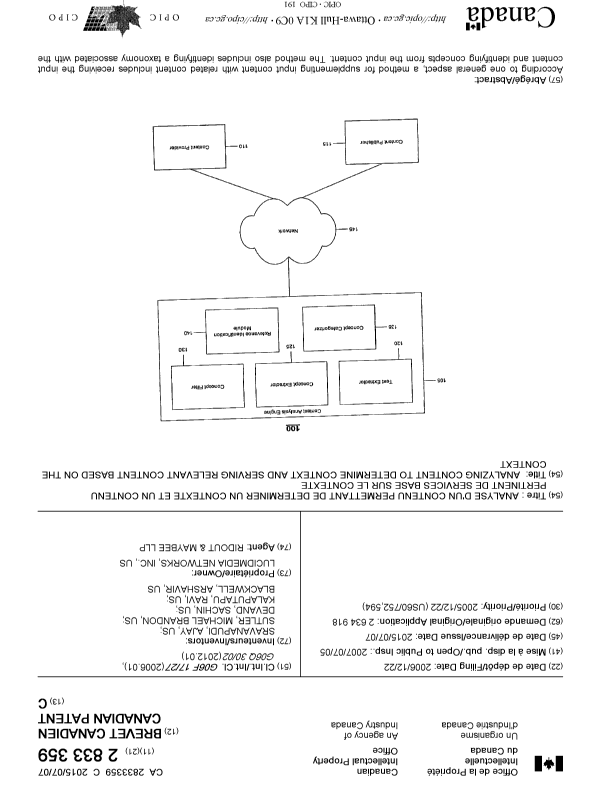 Canadian Patent Document 2833359. Cover Page 20150623. Image 1 of 2