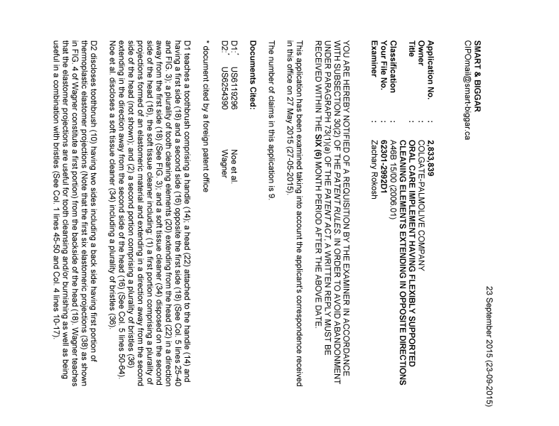 Canadian Patent Document 2833839. Examiner Requisition 20150923. Image 1 of 3