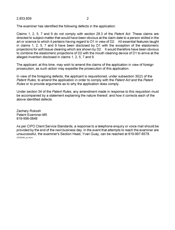 Document de brevet canadien 2833839. Demande d'examen 20150923. Image 2 de 3