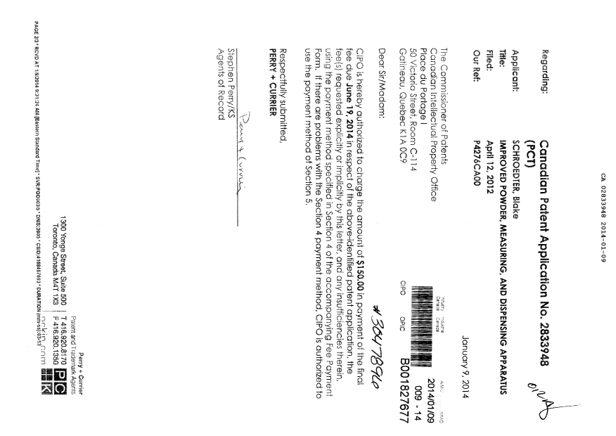 Document de brevet canadien 2833948. Correspondance 20140109. Image 1 de 2