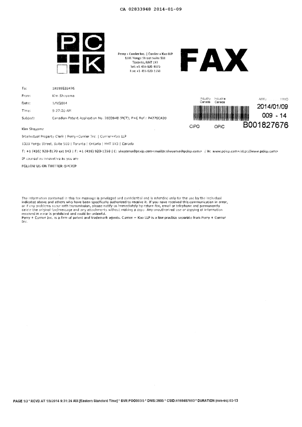 Document de brevet canadien 2833948. Correspondance 20140109. Image 2 de 2