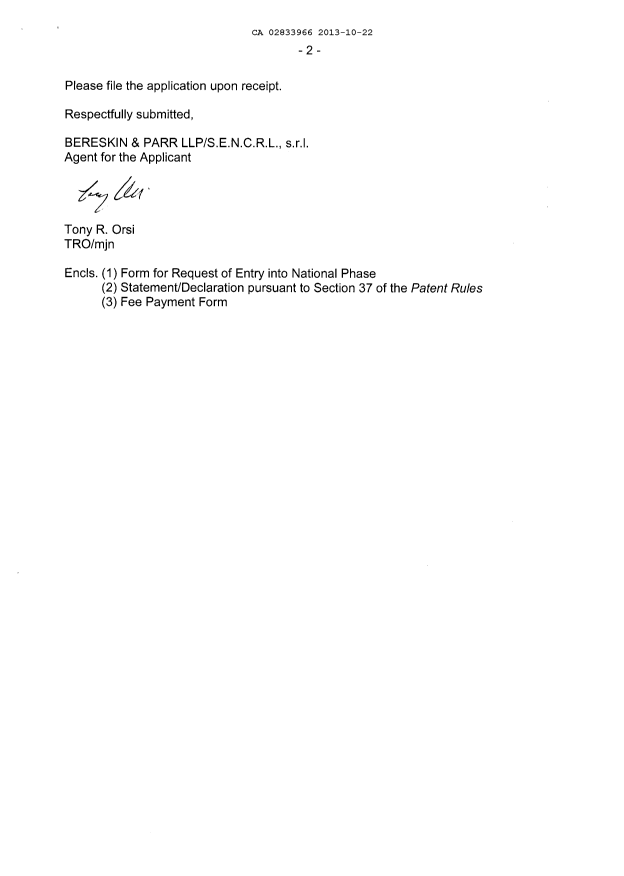 Document de brevet canadien 2833966. Cession 20131022. Image 2 de 5