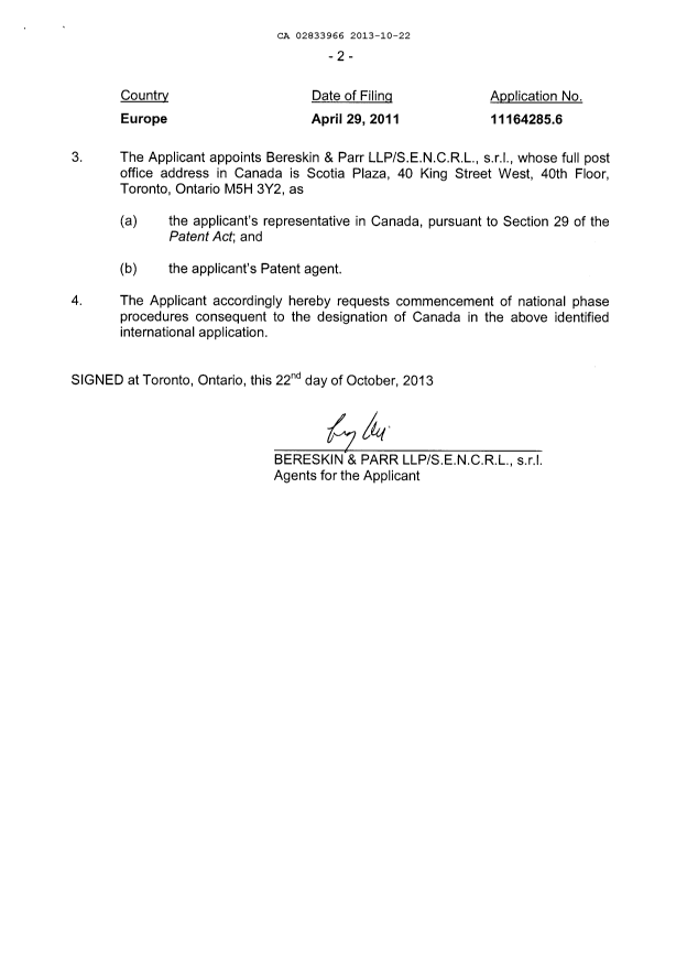 Canadian Patent Document 2833966. Assignment 20131022. Image 4 of 5