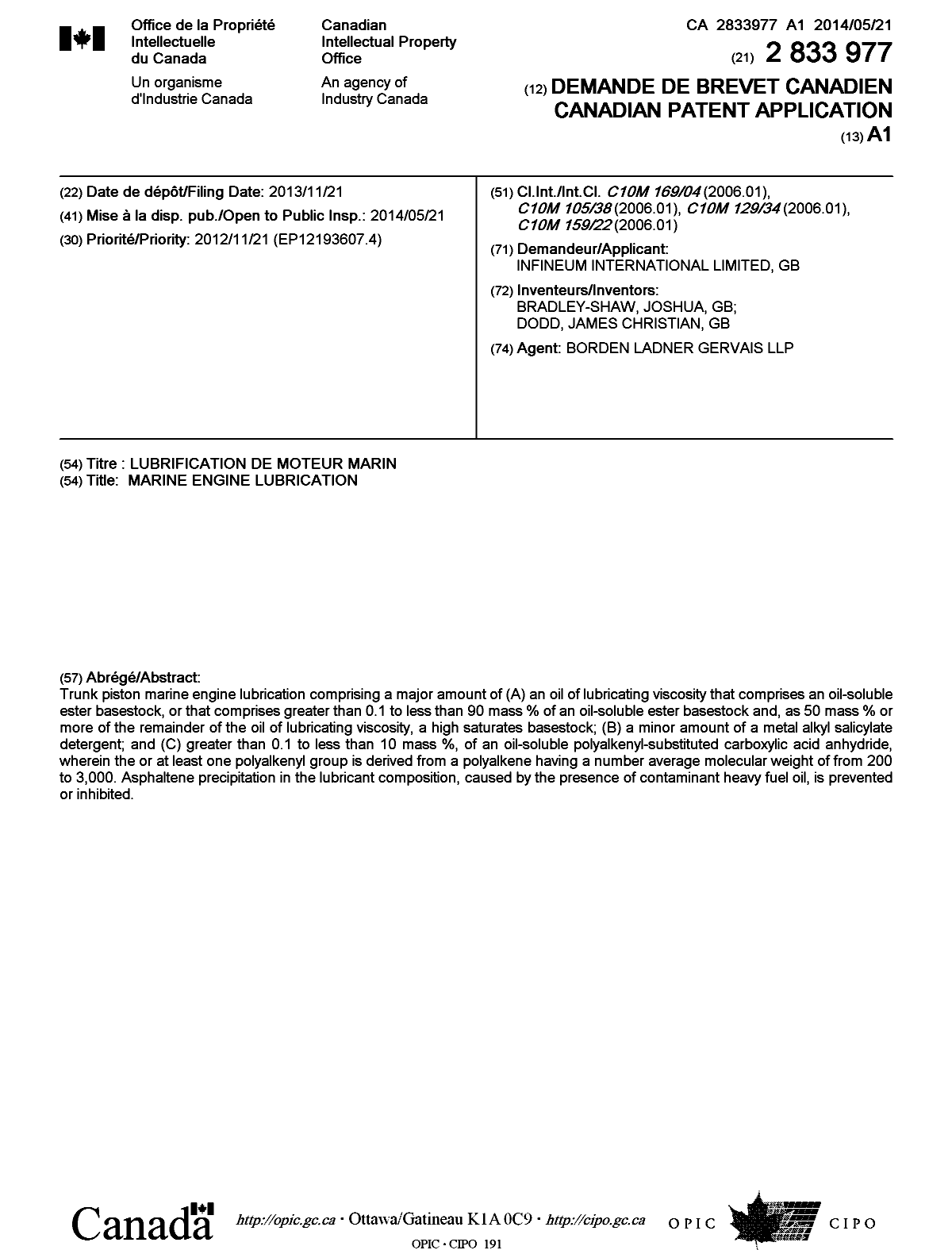 Document de brevet canadien 2833977. Page couverture 20140430. Image 1 de 1